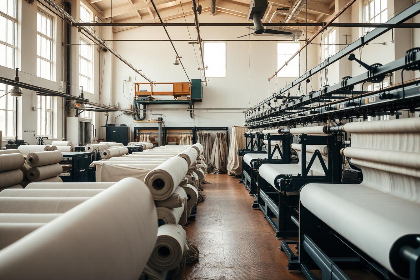 Interior of a modern fabric mill with rolls of textile and weaving looms