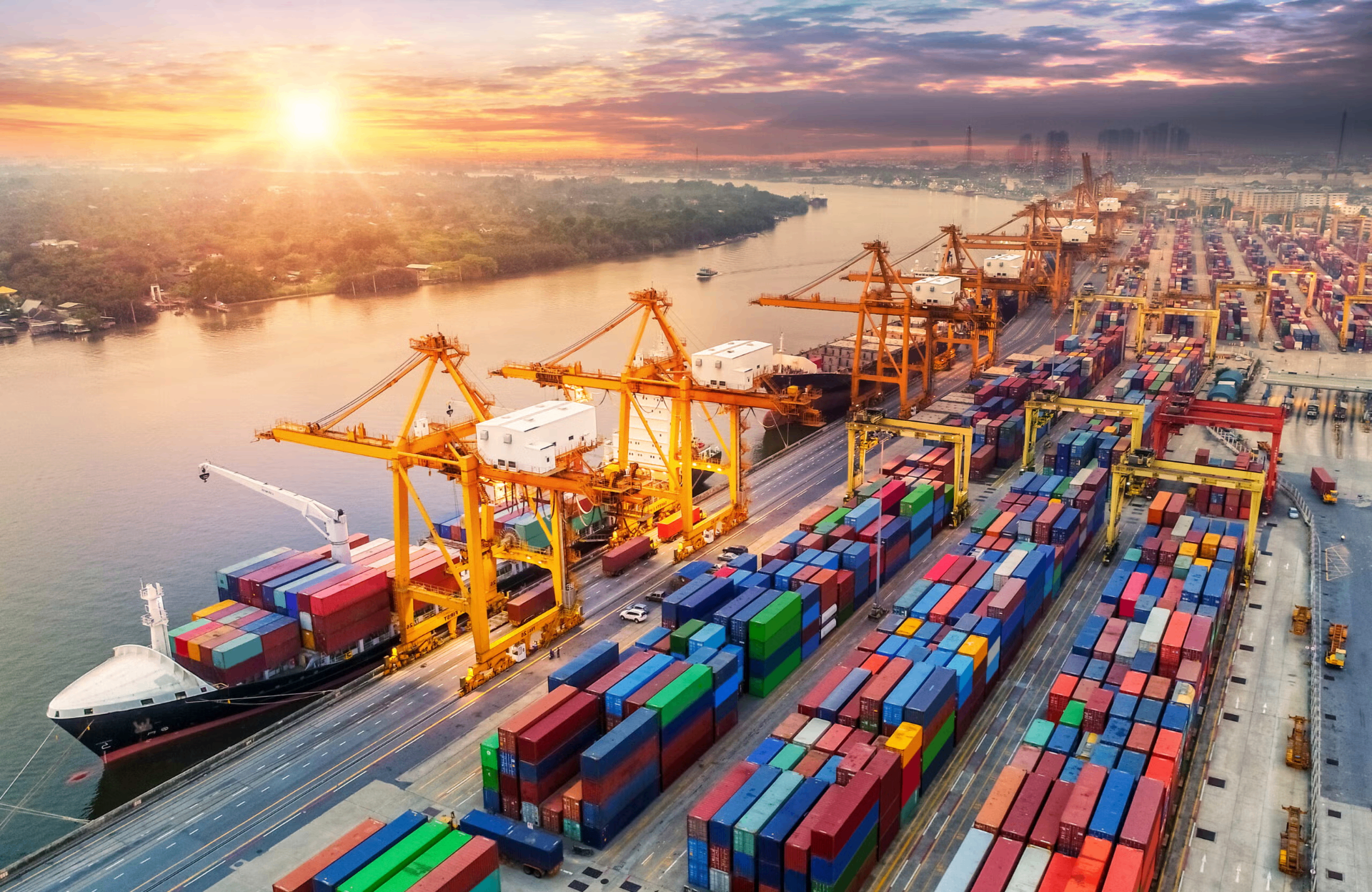Aerial view of a modern logistics warehouse and shipping port
